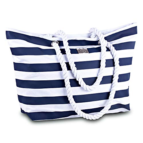Large Canvas Striped Beach Bag - Top Zipper Closure - Waterproof Lining - Tote Shoulder Bag For Gym Beach Travel (dark navy)