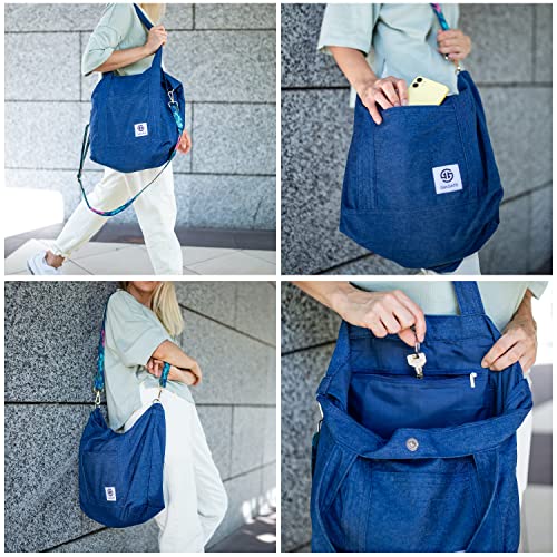Large Denim Tote Bag For Women - Women's Crossbody Shoulder Bag - Versatile Cotton School Work Travel And Shopping Bag