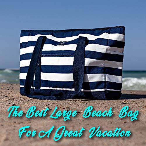 Extra Large Beach Bag With Zipper - XXL Beach Tote Bag For Women With Many Pockets (dark navy)