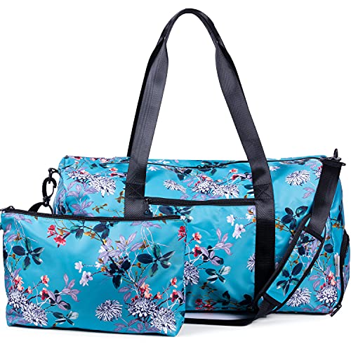 Large Duffle Bag For Women - 22" Duffle Bag For Gym Beach And Travel - Large Duffle Weekender Bag With Large Cosmetic Pouch (turquoise flowers)