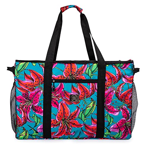 Extra Large Utility Tote Bag With Hard Bottom And Top Zipper - Waterproof Oversized Reusable Tote Bag For Shopping, Beach And Travel (coral flowers)
