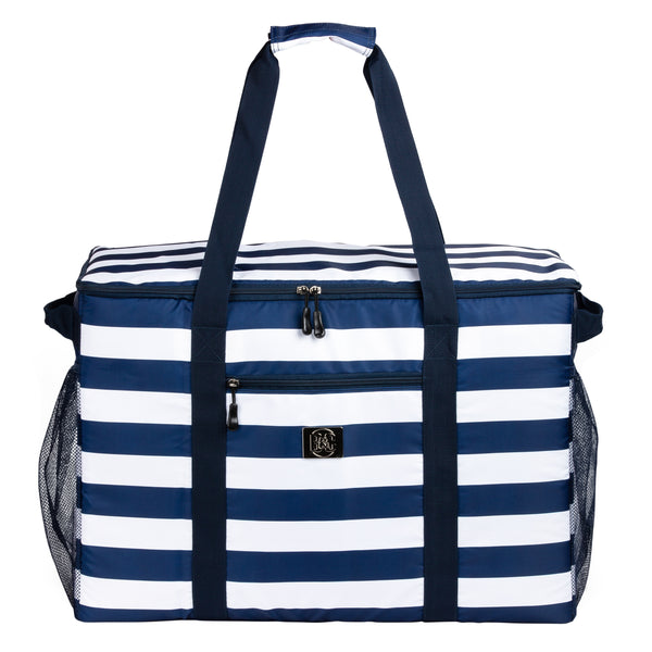 Extra Large Utility Tote Bag With Hard Bottom And Top Zipper - Waterproof Oversized Reusable Tote Bag For Shopping, Beach (dark navy striped)