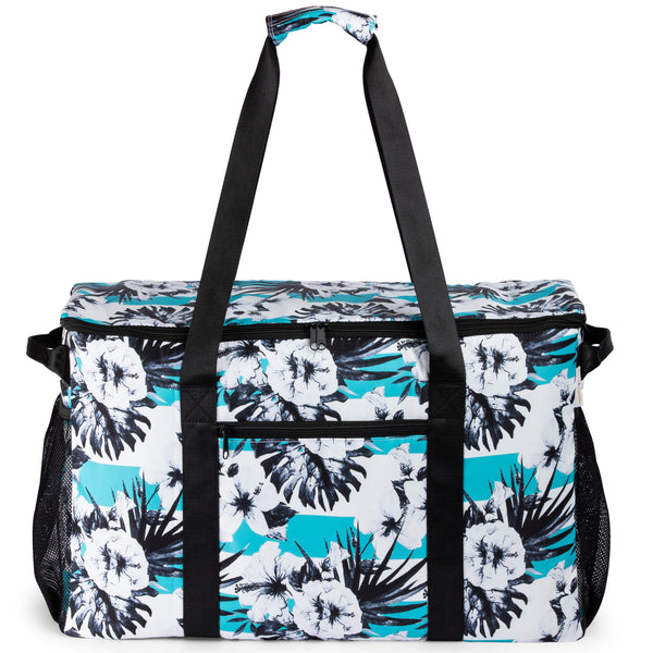 Extra Large Utility Tote Bag With Hard Bottom And Top Zipper - Waterproof Oversized Reusable Tote Bag For Shopping, Beach And Travel (white flowers)