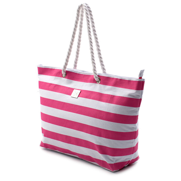 Large Canvas Striped Beach Bag - Top Zipper Closure - Waterproof Lining - Tote Shoulder Bag For Gym Beach Travel (striped pink)
